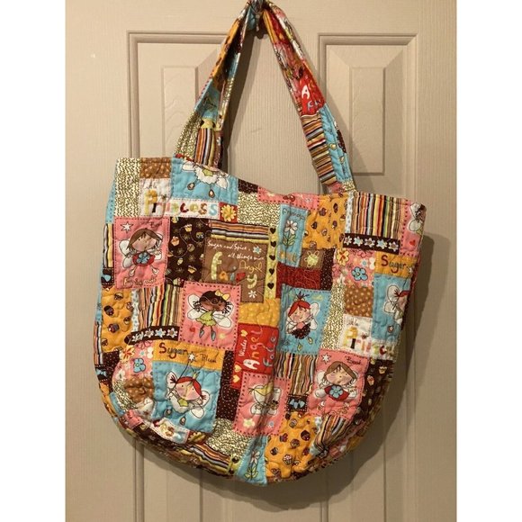 Patchwork Style & Look Fabric Tote Bag 13” X 17” Button Closure Colorful Bright - Picture 8 of 8